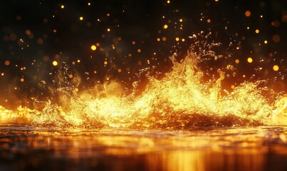 Dramatic shot of molten golden liquid splashing in mid-air, glowing with warm light against a dark background, symbolizing power and luxury