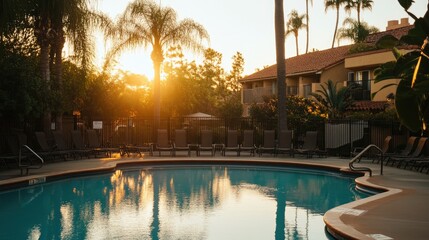 A peaceful sunrise reflecting off a tranquil hotel pool, with soft golden light illuminating the surroundings.