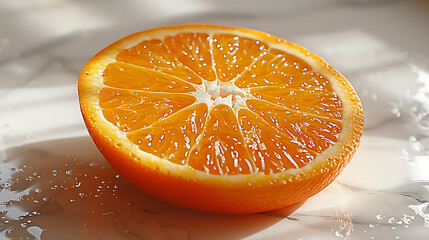 Freshly cut orange half glistening with droplets on a marble surface, sunlight streaming in softly