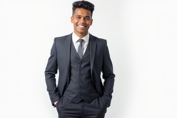 Fototapeta premium Half-Length (Waist-Up) portrait of young stylish smiling Cuban male model in formal wear isolated on pure white background looking at camera
