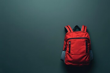 Bright red backpack against a dark background, perfect for adventures and daily outings in a modern world. Generative AI
