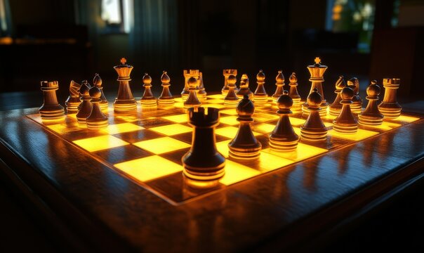 Dynamic chessboard with pieces mid-game illuminated by glowing light, showcasing strategy and focus in an intense gaming moment