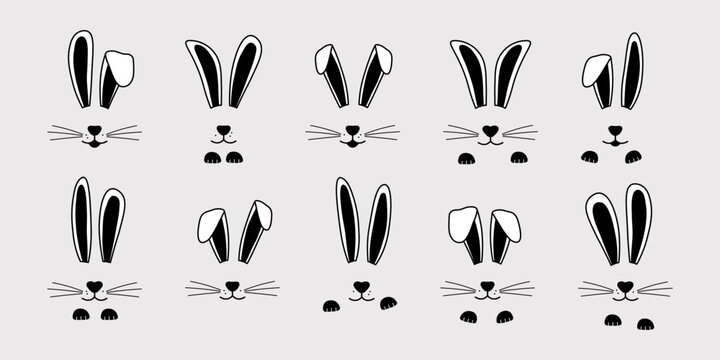 Easter rabbit ears and paw, bunny face, cute animal mask. Holiday spring character bunnies, cartoon set black and white colors on gray background. Simple vector illustration