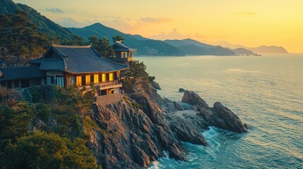 Sunrise over coastal temple, cliffside building, ocean view.