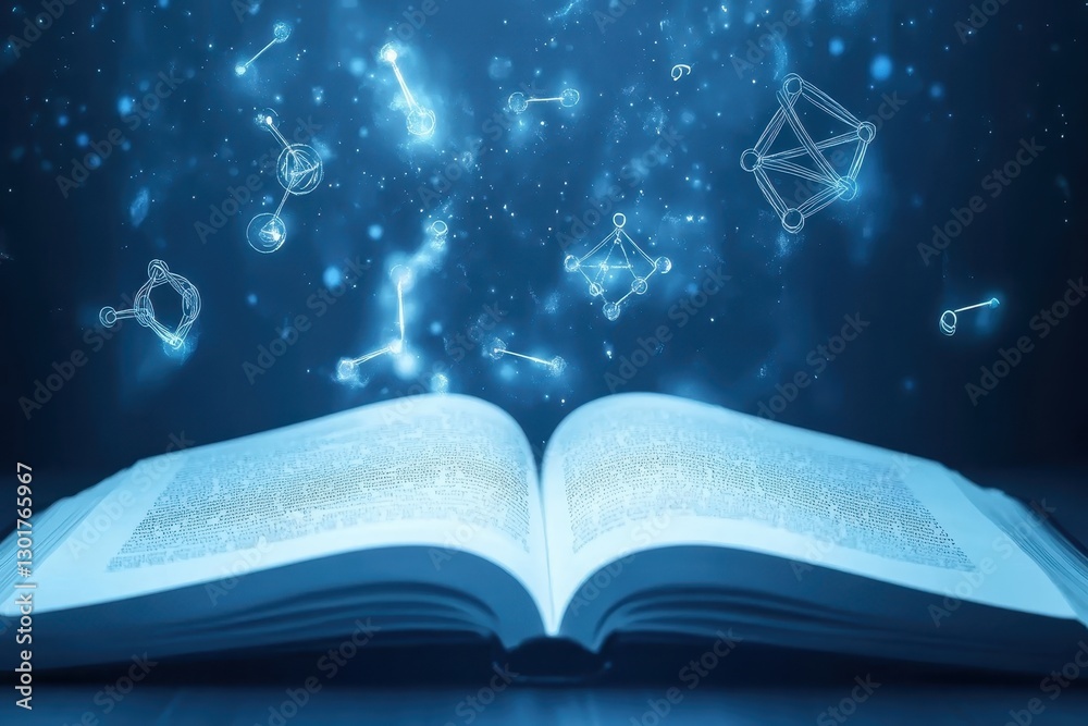Poster exploring the universe of knowledge through an open book surrounded by floating scientific symbols a