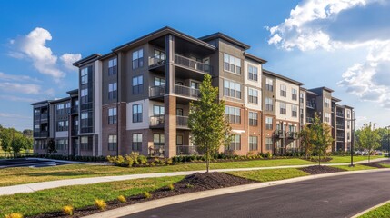 Obraz premium Modern apartment building with balconies, landscaping, and a paved road.