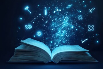 Magic of knowledge unfolds as a book opens to a galaxy of ideas and creativity in the night sky. Generative AI