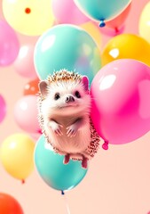 Adorable happy hedgehog flying using pastel balloons.