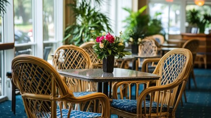 Obraz premium A resort concierge lounge with a tropical theme, featuring stylish furniture and fresh floral arrangements.