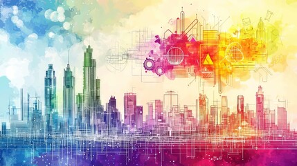 World Creativity and Innovation concept week Vibrant city skyline with colorful elements.