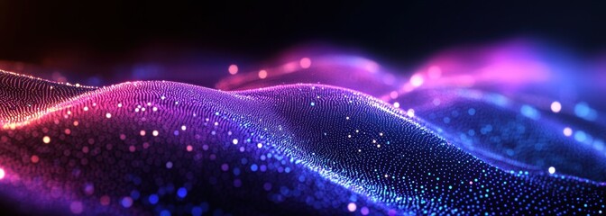 Abstract colorful waves of glowing dots and lines, creating a mesmerizing digital landscape with vibrant hues of blue, purple, and pink in a dark background.