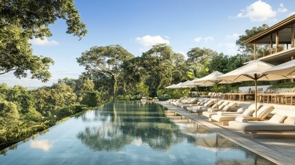 Fototapeta premium A resort pool with a swim-up bar, surrounded by lush greenery and elegant sun loungers under white umbrellas.