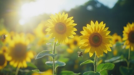 Fototapeta premium Bees pollinating sunflowers in a summer field at sunset; nature background