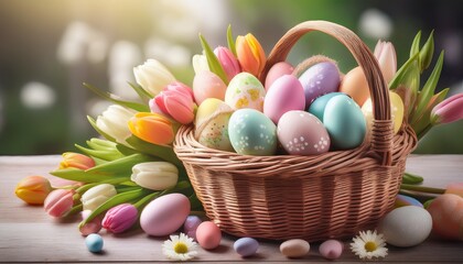 A rustic woven basket overflowing with a variety of Easter eggs in soft pastel shades. Surrounding the eggs are fresh spring flowers, such as tulips and daisies, creating a warm, festive atmosphere.