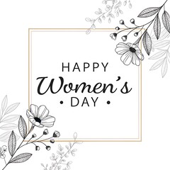 sophisticated "Happy Women's Day" greeting with a floral wreath and golden accents.