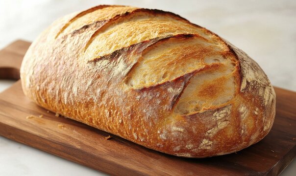Rustic loaf of freshly baked bread resting on a wooden cutting board illuminated by soft natural light, evoking warmth and culinary craftsmanship