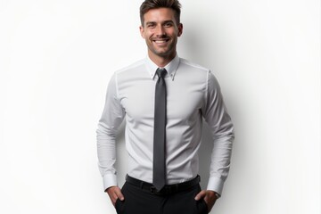 Fototapeta premium Half-Length (Waist-Up) portrait of young stylish smiling Cypriot male model in formal wear isolated on pure white background looking at camera