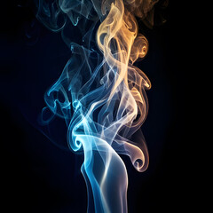 Obraz premium Swirling tendrils of smoke rise against a dark background, illuminated with soft blue and golden hues