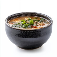 Steaming Hot Soup in Dark Brown Bowl on White Background