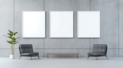 Modern Interior: Three Blank Canvases in a Concrete Room AI Generated
