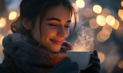 Close-up of a smiling woman holding a steaming cup of coffee, cozy atmosphere enhanced by soft bokeh lights in the backgroun