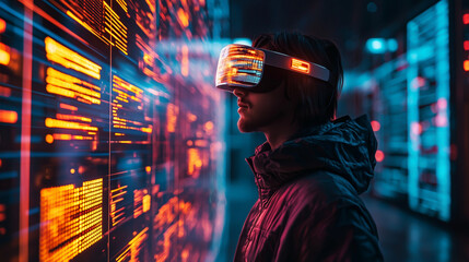 Exploring virtual reality in a futuristic digital environment at night