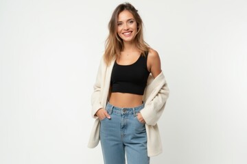 Half-Length (Waist-Up) portrait of young stylish smiling Cypriot female model in hipster wear isolated on pure white background looking at camera