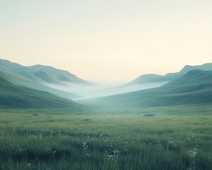A misty mountain landscape at dawn, with soft colors and rolling hills, Nature photography, Serene and expansive