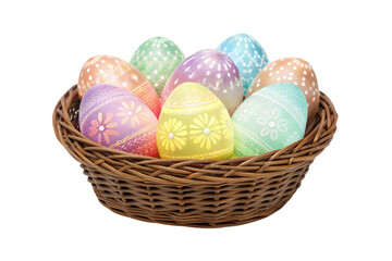 Colorful Easter eggs in a woven basket for holiday celebrations and decor