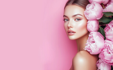Fototapeta premium Beautiful young smiling woman with clean fresh skin on face . Girl facial treatment . Woman with pink peony flowers on a pink background. Cosmetology , beauty and spa . 
