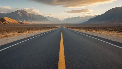 Naklejka premium wide-angle photo of an empty road with mountains in the distance, Asphalt road in a landscape, arafed road in the middle of a desert with mountains in the background generated ai