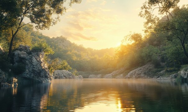 Scenic view of a peaceful lake surrounded by forested hills, soft golden light reflecting on the still water, creating a calming and meditative atmosphere,