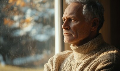 Senior man with gray hair wearing a beige sweater, standing by a sunlit window, natural light softly illuminating his thoughtful expression,