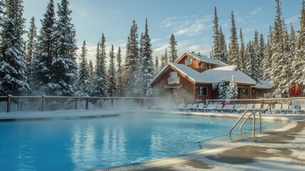 Fototapeta premium A winter resort's heated outdoor pool, surrounded by snow-covered pine trees and steaming water.