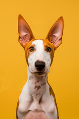 Ibizan Hound dog on minimalistic colorful background with Copy Space. Perfect for banners, veterinary ads, pet food promotions, and minimalist designs.
