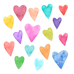 Clip art set of isolated multicolored watercolor hearts
