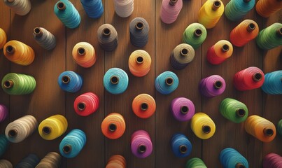 Fototapeta premium Vibrant flat lay of colorful spools of thread arranged neatly on a wooden surface, bright natural light enhancing the textures and hues, evoking creativity,