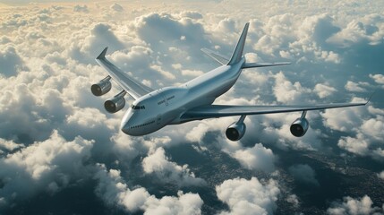 Obraz premium Airplane soaring above cloudscape, travel, aviation, sunset