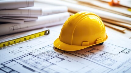 A yellow hard hat on top of a stack of architectural blueprints and a measuring tape.