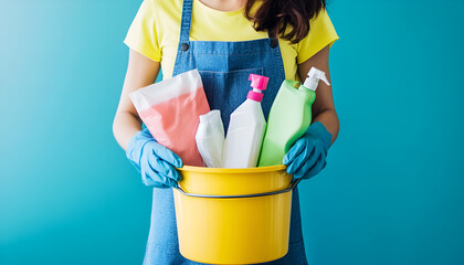woman housewife wears gloves, apron, holds bucket, bottles of cleaning liquid, alcohol spray, sanitary products and equipment for cleaning. Concept, Cleaning time for hygiene. Housekeeping