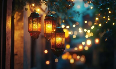 Vibrant hanging lanterns glowing brightly in a dimly lit street, soft bokeh lights in the background enhancing the festive ambiance,