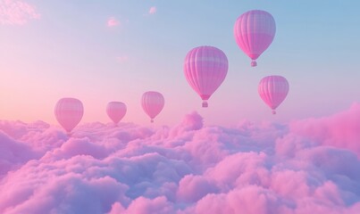 Obraz premium Vibrant hot air balloons floating above a misty valley at sunrise, pastel hues blending beautifully into the clear sky, creating a peaceful morning vibe,