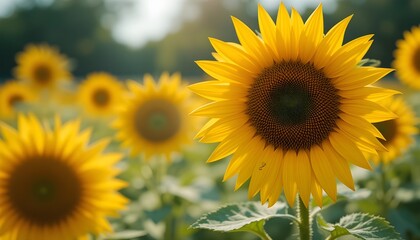 Obraz premium a field of sunflowers and a magnifying glass. Selective focus
