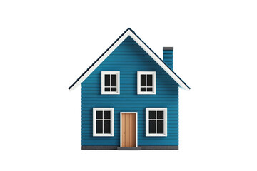 Bright blue house with white trim and wooden door, cut out