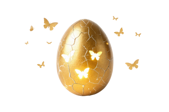 Golden cracked egg with butterflies for spring celebration and design use