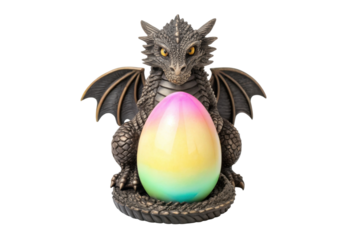 Fantasy dragon with colorful egg for Easter celebration and whimsical decor in springtime themes