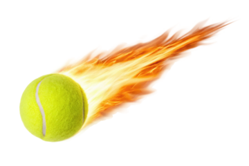 Dynamic tennis ball in motion with flames illustrating speed and energy during a sport event