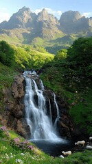 Obraz premium Stunning Waterfall Cascading Through Lush Green Hills with Majestic Mountain Range and Grazing Sheep in Serene Highland Landscape - Perfect Travel Destination