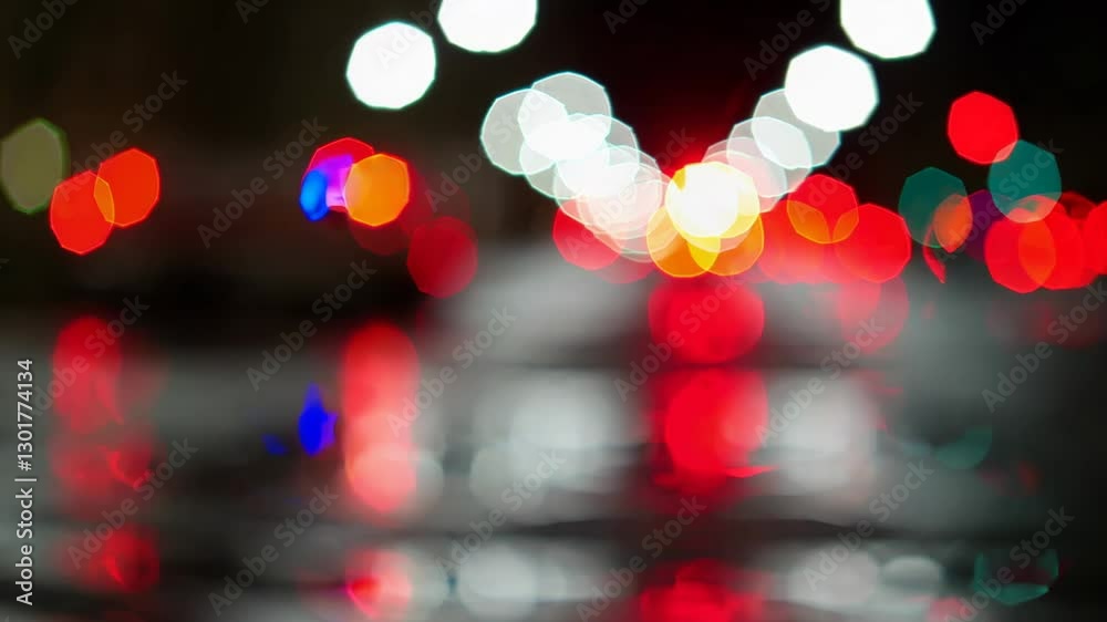Poster blurred colorful bokeh lights in blue and red on dark background. night cityscape concept