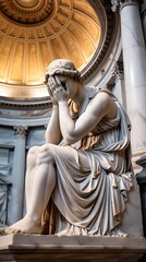 Marble statue of a grieving man seated with his face buried in his hands, symbolizing sorrow and contemplation, set in a grand neoclassical hall with a domed ceiling.

